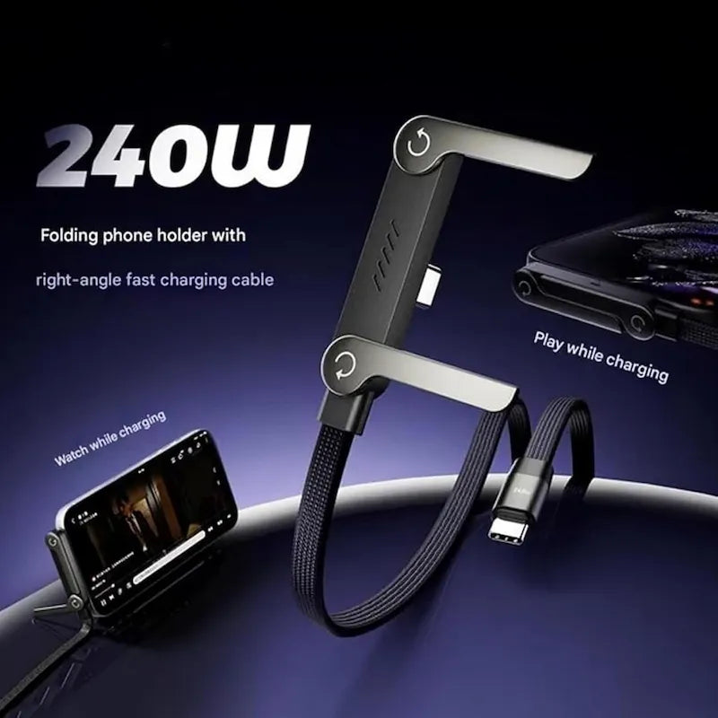 240W USB-C Fast Charging Cable with Foldable Phone Stand | 90° Elbow Braided Charger Cable for iPhone 15, Samsung, MacBook