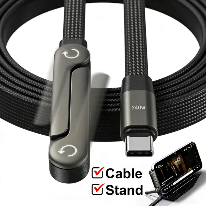 240W USB-C Fast Charging Cable with Foldable Phone Stand | 90° Elbow Braided Charger Cable for iPhone 15, Samsung, MacBook