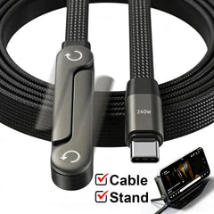 240W USB-C Fast Charging Cable with Foldable Phone Stand | 90° Elbow Braided Charger Cable for iPhone 15, Samsung, MacBook